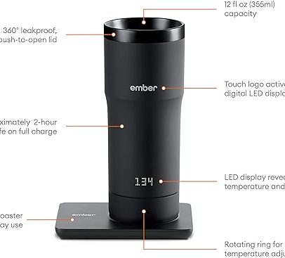 Temperature Control Travel Mug, 12 Ounce, 2-hr Battery Life, Black - App Controlled Heated Coffee Travel Mug