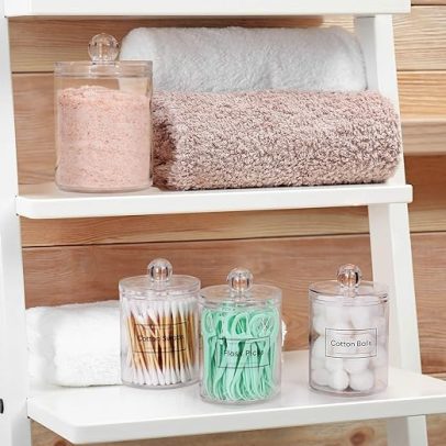 4 PACK Qtip Holder Dispenser for Cotton Ball, Cotton Swab, Cotton Round Pads, Floss Picks - Small Clear Plastic Apothecary Jar Set for Bathroom Canister Storage Organization, Vanity Makeup Organizer