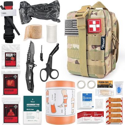 Survival First Aid Kit with Tourniquet, 6" Israeli Bandage, Splint, Tactical Military Combat Molle IFAK for Wound Care, Bleeding Control, Traumatic Bleeding, etc.