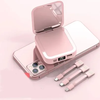 🔥Today Only Sale🔥20000mAh Power Bank With Makeup Mirror 3 In 1 Detachable Cables Micro USB Type C Input Trav