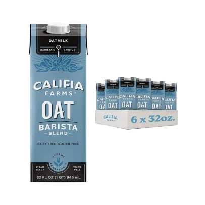Califia FarmsOat Barista Blend Oat Milk, 32 Oz (Pack of 6), Shelf Stable, Dairy Free, Plant Based, Vegan, Gluten Free, Non GMO, High Calcium, Milk Frother, Creamer, Oatmilk
