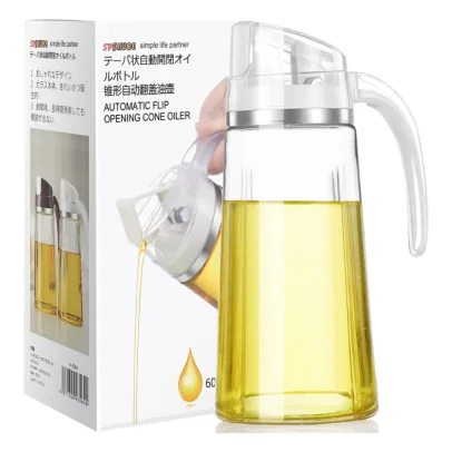 Marbrasse Auto Flip Olive Oil Dispenser Bottle,20 OZ Leakproof Condiment Container With Automatic Cap and Stopper,Non-Drip Spout,Non-Slip Handle for Kitchen Cooking White