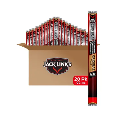 Jack Link's Beef Sticks, Zero Sugar, Original – Protein Snack, Meat Stick with 6g of Protein, Made with 100% Beef, No Added MSG** – 0.92 Oz. (20 Count)